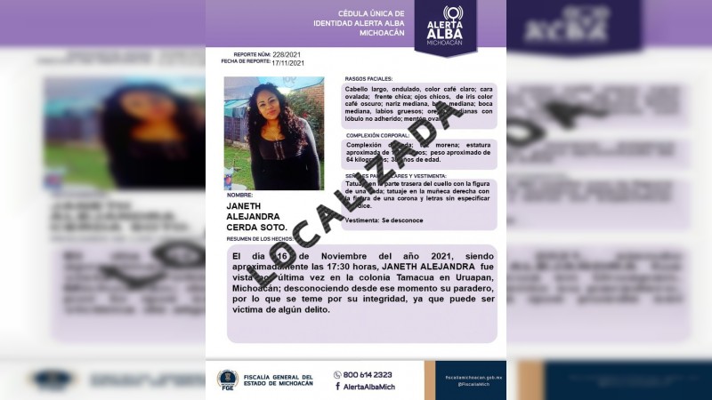 Localiza FGE a mujer reportada como desaparecida en Uruapan