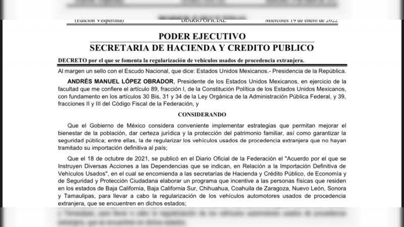 Entra en vigor decreto que incluye a Michoacán en programa para regularizar autos extranjeros