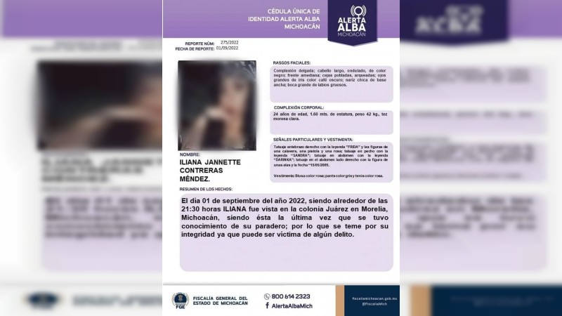 Identifican como Iliana Contreras, a la joven asesinada, en Morelia; la buscaban por Alerta Alba