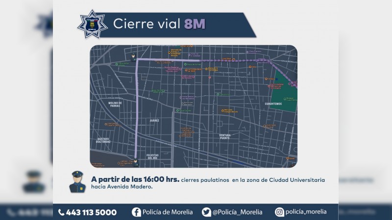 Anuncia Policía Morelia dispositivo vial para marcha del 8M
