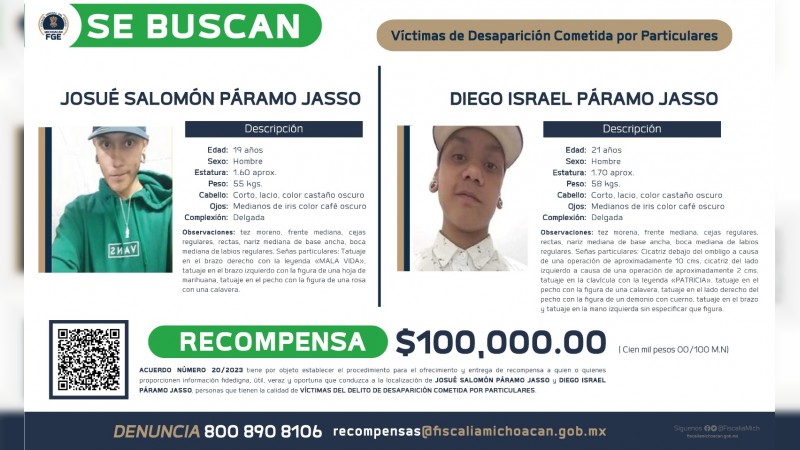 Ofrecen recompensa para localizar a dos desaparecidos, en Morelia
