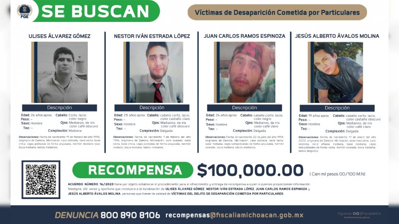 Ofrecen recompensa para localizar a 4 víctimas del delito de desaparición, en Zamora