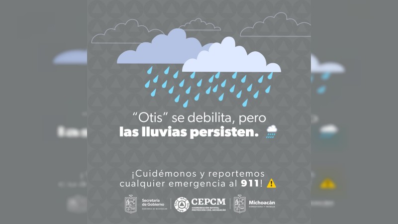 Michoacán, sin afectaciones por Otis; se registran lluvias ligeras: PC
