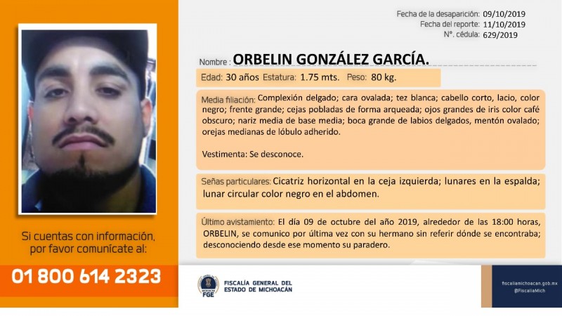 Emite FGE ficha de búsqueda de Orbelin González García 