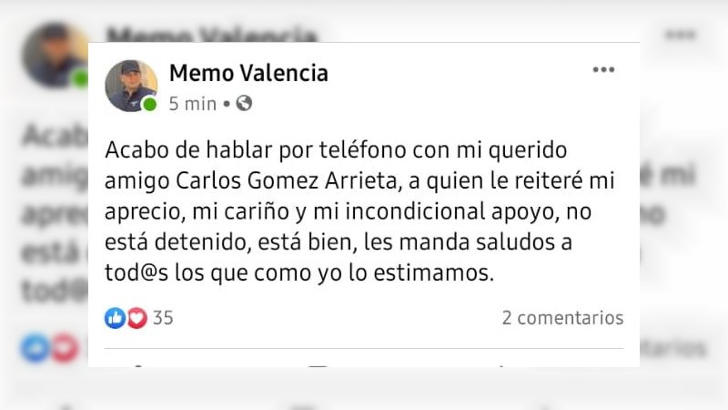 Asegura Memo Valencia que su “amigo” Gómez Arrieta está libre 
