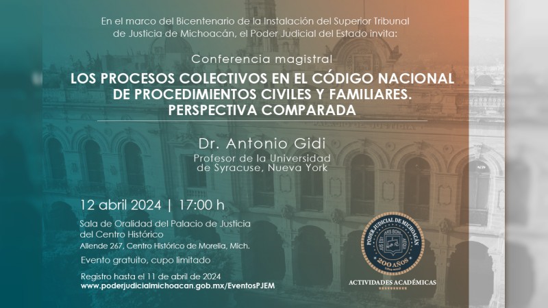 Invita PJM a conferencia de Antonio Gidi, especialista en derecho comparado
