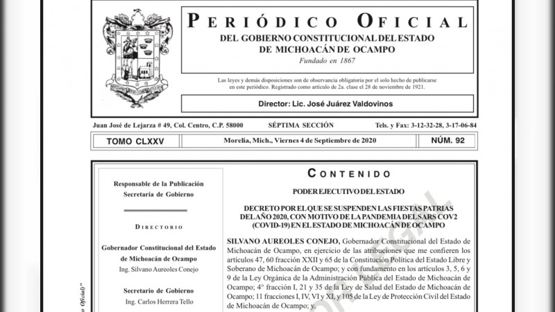 Oficializa Gobierno de Michoacán suspensión de fiestas patrias