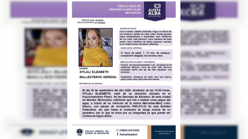 Investiga Fiscalía General desaparición de  Xitlali Elizabeth Ballesteros