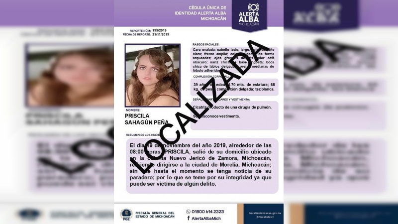 Localiza FGE en estado de Morelos, a  mujer reportada como desaparecida en Zamora