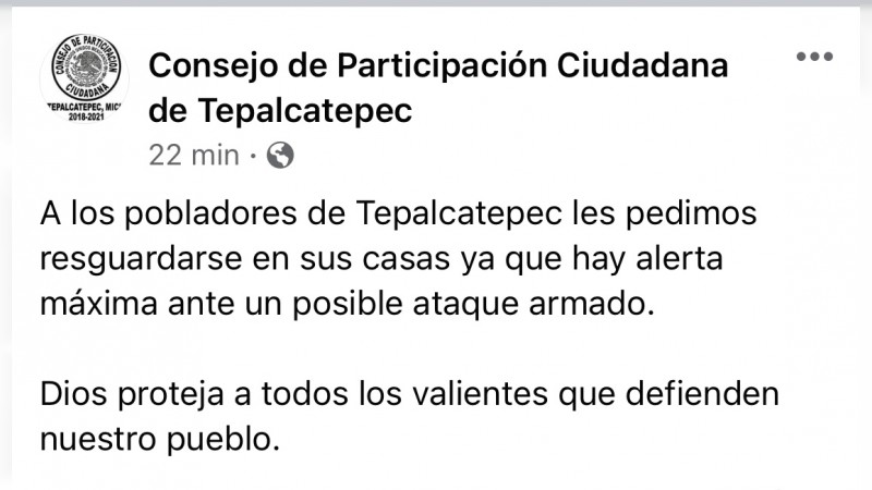 Alerta máxima en Tepalcatepec, por balaceras 